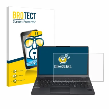 Parte frontal de un envase de producto con el logotipo de la marca BROTECT. Al lado se muestra el dispositivo Fujitsu Lifebook