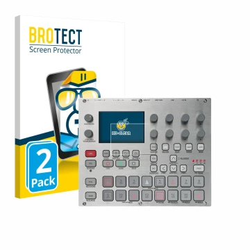 Parte frontal de un envase de producto con el logotipo de la marca BROTECT. Al lado se muestra el dispositivo Elektron Syntakt