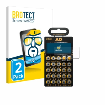 Parte frontal de un envase de producto con el logotipo de la marca BROTECT. Al lado se muestra el dispositivo Teenage Engineer