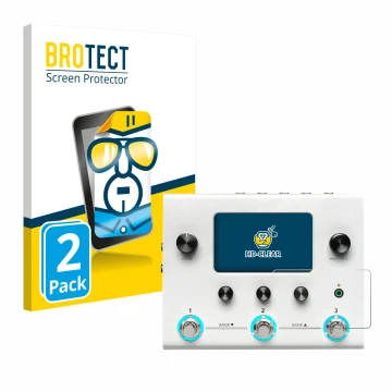 Parte frontal de un envase de producto con el logotipo de la marca BROTECT. Al lado se muestra el dispositivo Hotone Ampero II
