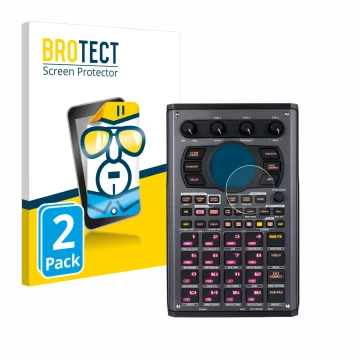 Parte frontal de un envase de producto con el logotipo de la marca BROTECT. Al lado se muestra el dispositivo Roland SP-404MKI