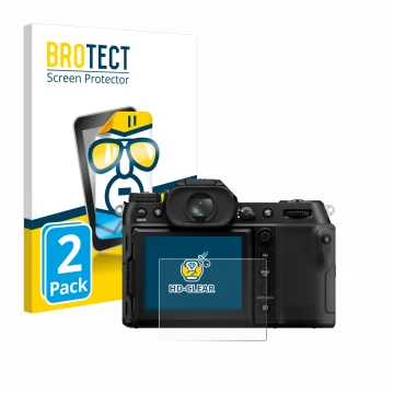Parte frontal de un envase de producto con el logotipo de la marca BROTECT. Al lado se muestra el dispositivo Fujifilm GFX100S