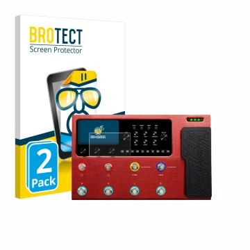 Parte frontal de un envase de producto con el logotipo de la marca BROTECT. Al lado se muestra el dispositivo Valeton GP-200R 