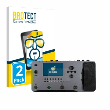 Parte frontal de un envase de producto con el logotipo de la marca BROTECT. Al lado se muestra el dispositivo Mooer GE1000 con