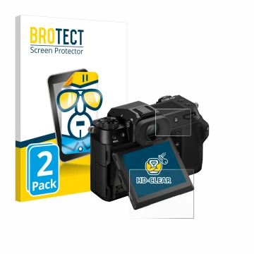 Parte frontal de un envase de producto con el logotipo de la marca BROTECT. Al lado se muestra el dispositivo Fujifilm GFX100S