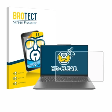 Parte frontal de un envase de producto con el logotipo de la marca BROTECT. Al lado se muestra el dispositivo Lenovo Yoga Pro 