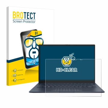 Parte frontal de un envase de producto con el logotipo de la marca BROTECT. Al lado se muestra el dispositivo ASUS ZenBook 14 