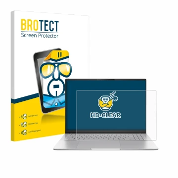Parte frontal de un envase de producto con el logotipo de la marca BROTECT. Al lado se muestra el dispositivo ASUS Vivobook S1