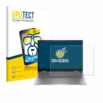 Parte frontal de un envase de producto con el logotipo de la marca BROTECT. Al lado se muestra el dispositivo HP Envy x360 14 