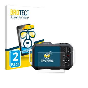 Parte frontal de un envase de producto con el logotipo de la marca BROTECT. Al lado se muestra el dispositivo Ricoh Pentax WG-