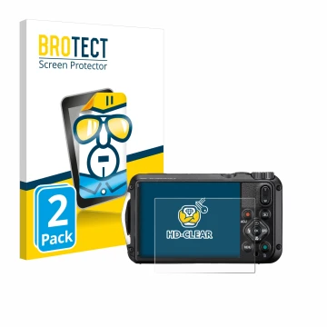 Parte frontal de un envase de producto con el logotipo de la marca BROTECT. Al lado se muestra el dispositivo Ricoh Pentax WG-