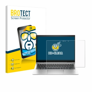 Parte frontal de un envase de producto con el logotipo de la marca BROTECT. Al lado se muestra el dispositivo HP Elite x360 83