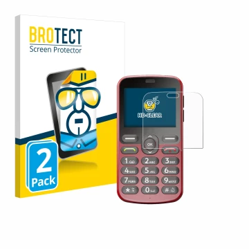 Parte frontal de un envase de producto con el logotipo de la marca BROTECT. Al lado se muestra el dispositivo Doro 1880 con su