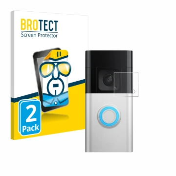 Parte frontal de un envase de producto con el logotipo de la marca BROTECT. Al lado se muestra el dispositivo Ring Battery Vid