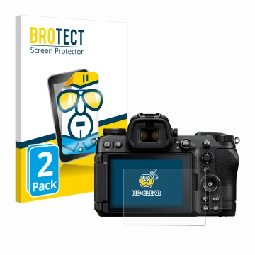 Parte frontal de un envase de producto con el logotipo de la marca BROTECT. Al lado se muestra el dispositivo Nikon Z6 III con