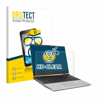 Parte frontal de un envase de producto con el logotipo de la marca BROTECT. Al lado se muestra el dispositivo Framework Laptop