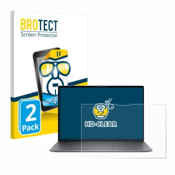 Parte frontal de un envase de producto con el logotipo de la marca BROTECT. Al lado se muestra el dispositivo Dell XPS 13 9345