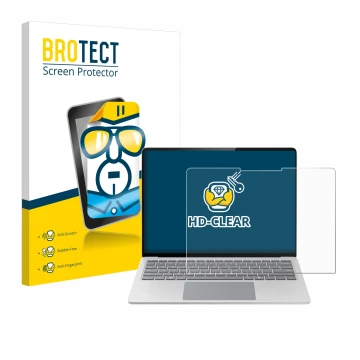 Parte frontal de un envase de producto con el logotipo de la marca BROTECT. Al lado se muestra el dispositivo Microsoft Surfac