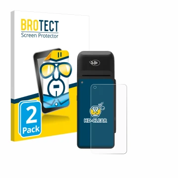 Parte frontal de un envase de producto con el logotipo de la marca BROTECT. Al lado se muestra el dispositivo Verifone T650c c