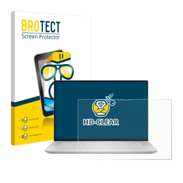 Parte frontal de un envase de producto con el logotipo de la marca BROTECT. Al lado se muestra el dispositivo Dell XPS 16 9640