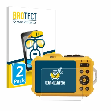 Parte frontal de un envase de producto con el logotipo de la marca BROTECT. Al lado se muestra el dispositivo Kodak Pixpro WPZ