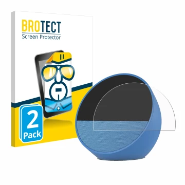 Parte frontal de un envase de producto con el logotipo de la marca BROTECT. Al lado se muestra el dispositivo Amazon Echo Spot