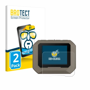 Parte frontal de un envase de producto con el logotipo de la marca BROTECT. Al lado se muestra el dispositivo Garmin Xero C1 P