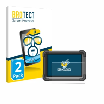 Parte frontal de un envase de producto con el logotipo de la marca BROTECT. Al lado se muestra el dispositivo Launch X-431 Pro