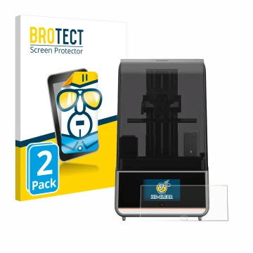 Parte frontal de un envase de producto con el logotipo de la marca BROTECT. Al lado se muestra el dispositivo Anycubic Photon 
