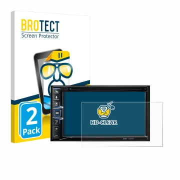 Parte frontal de un envase de producto con el logotipo de la marca BROTECT. Al lado se muestra el dispositivo Alpine INE-W611D