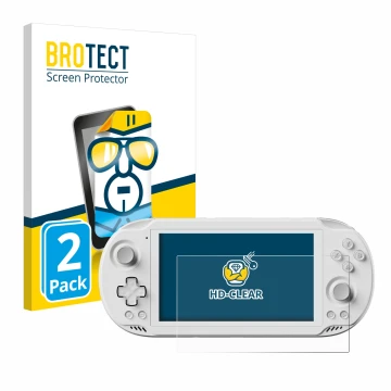 Parte frontal de un envase de producto con el logotipo de la marca BROTECT. Al lado se muestra el dispositivo AYN Odin 2 Mini 