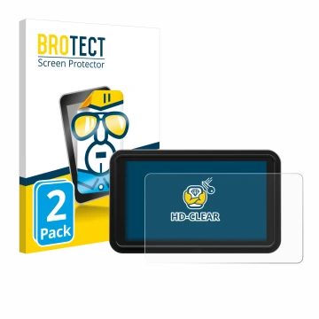 Parte frontal de un envase de producto con el logotipo de la marca BROTECT. Al lado se muestra el dispositivo Atomos Shinobi 2