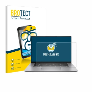 Parte frontal de un envase de producto con el logotipo de la marca BROTECT. Al lado se muestra el dispositivo HP Zbook Studio 