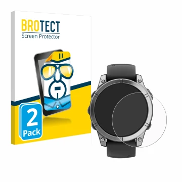 Parte frontal de un envase de producto con el logotipo de la marca BROTECT. Al lado se muestra el dispositivo Garmin Fenix E c