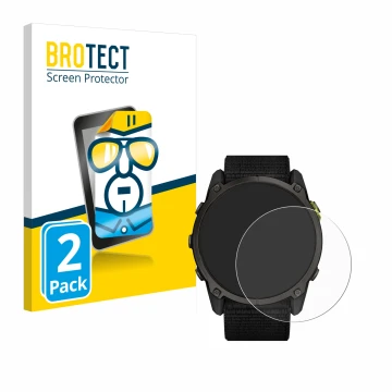 Parte frontal de un envase de producto con el logotipo de la marca BROTECT. Al lado se muestra el dispositivo Garmin Enduro 3 