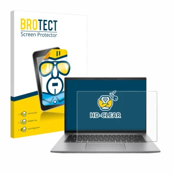 Parte frontal de un envase de producto con el logotipo de la marca BROTECT. Al lado se muestra el dispositivo HP Zbook Firefly