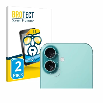 Parte frontal de un envase de producto con el logotipo de la marca BROTECT. Al lado se muestra el dispositivo Apple iPhone 16 