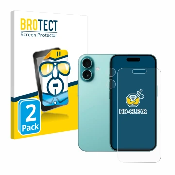 Parte frontal de un envase de producto con el logotipo de la marca BROTECT. Al lado se muestra el dispositivo Apple iPhone 16 