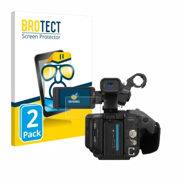 Parte frontal de un envase de producto con el logotipo de la marca BROTECT. Al lado se muestra el dispositivo Sony PXW-Z200 co