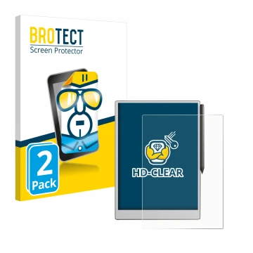 Parte frontal de un envase de producto con el logotipo de la marca BROTECT. Al lado se muestra el dispositivo reMarkable Paper