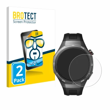 Parte frontal de un envase de producto con el logotipo de la marca BROTECT. Al lado se muestra el dispositivo Huawei Watch GT 