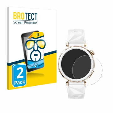 Parte frontal de un envase de producto con el logotipo de la marca BROTECT. Al lado se muestra el dispositivo Huawei Watch GT 
