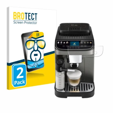 Parte frontal de un envase de producto con el logotipo de la marca BROTECT. Al lado se muestra el dispositivo DeLonghi Magnifi