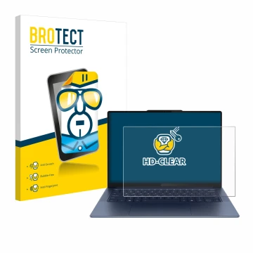 Parte frontal de un envase de producto con el logotipo de la marca BROTECT. Al lado se muestra el dispositivo Lenovo Yoga Slim