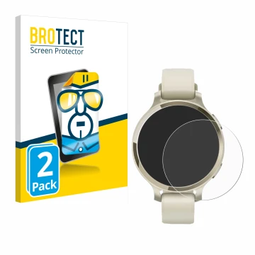 Parte frontal de un envase de producto con el logotipo de la marca BROTECT. Al lado se muestra el dispositivo Garmin Lily 2 Ac