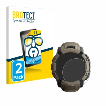 Parte frontal de un envase de producto con el logotipo de la marca BROTECT. Al lado se muestra el dispositivo Garmin Instinct 