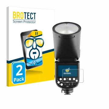 Parte frontal de un envase de producto con el logotipo de la marca BROTECT. Al lado se muestra el dispositivo Godox TT685 II c