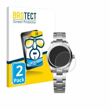 Parte frontal de un envase de producto con el logotipo de la marca BROTECT. Al lado se muestra el dispositivo Rolex Oyster Per
