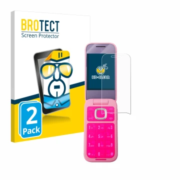 Parte frontal de un envase de producto con el logotipo de la marca BROTECT. Al lado se muestra el dispositivo HMD Barbie Phone
