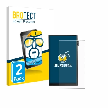 Parte frontal de un envase de producto con el logotipo de la marca BROTECT. Al lado se muestra el dispositivo iBasso DX180 con